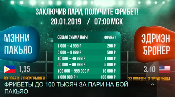 Акция от БК Лига Ставок: «Фрибет до 100 000 рублей на бой Пакьяо - Бронер»