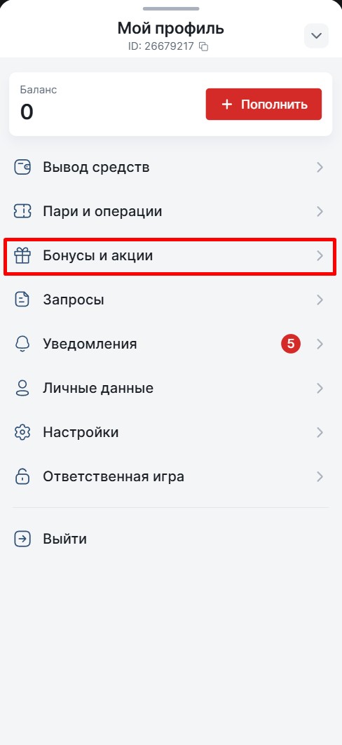 Кнопка раздела "Бонусы и акции"