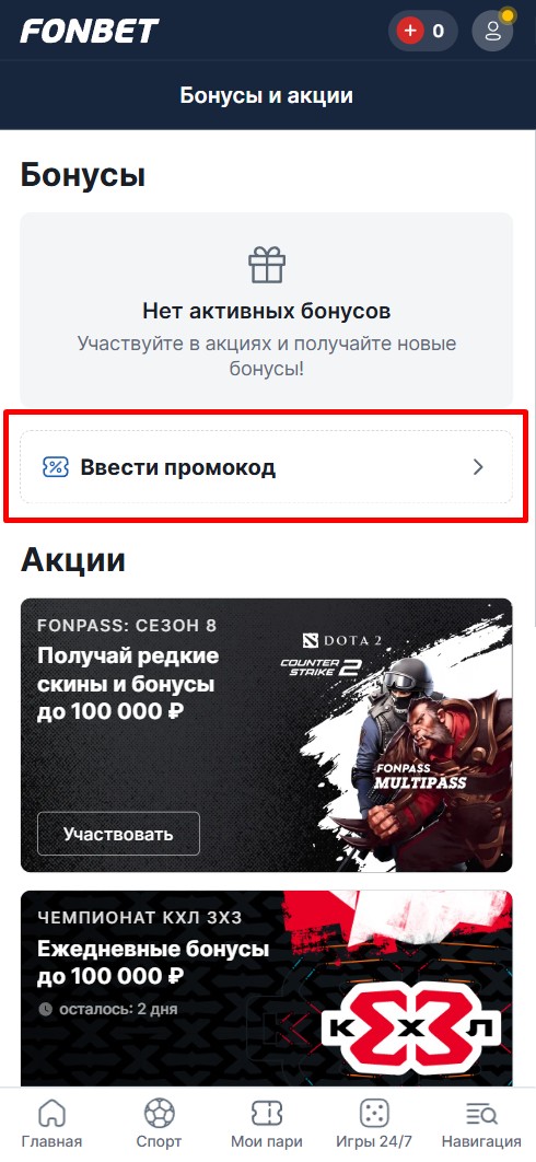 Кнопка для ввода промокода