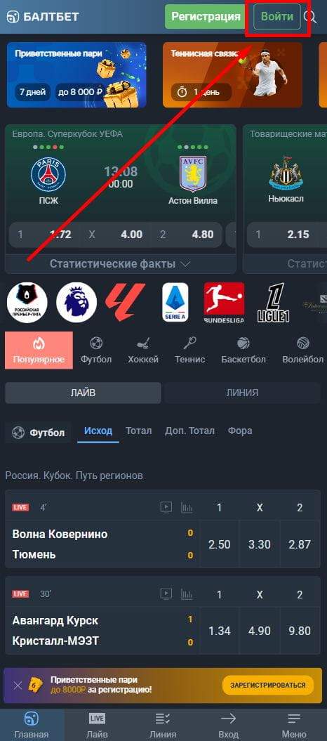 Кнопка входа в ЛК Балтбет через телефон