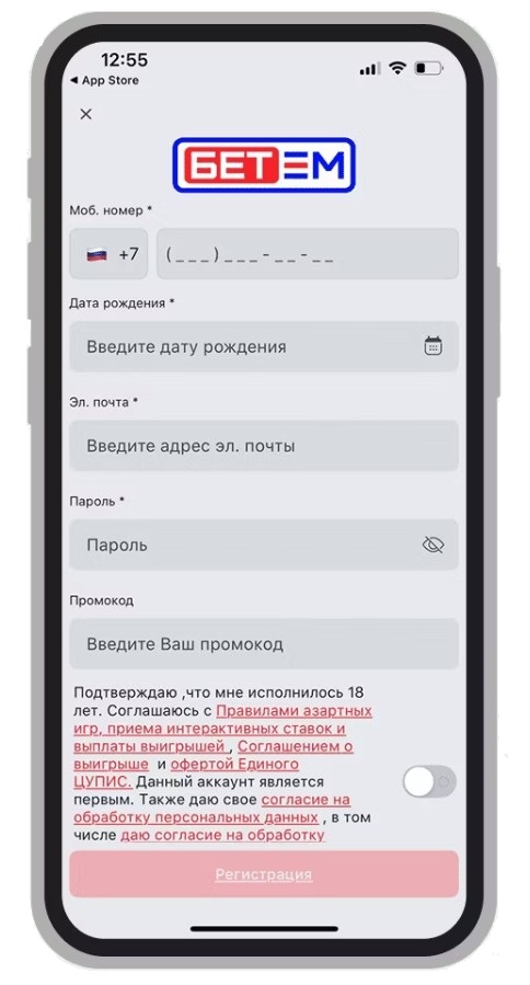 Анкета регистрации в мобильном приложении БК Бет-М