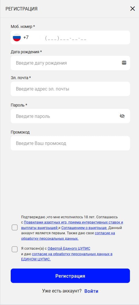 Анкета регистрации в мобильной версии сайта Бет-М