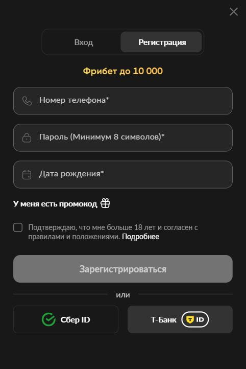 Анкета регистрации в БК Бетбум в мобильной версии сайта
