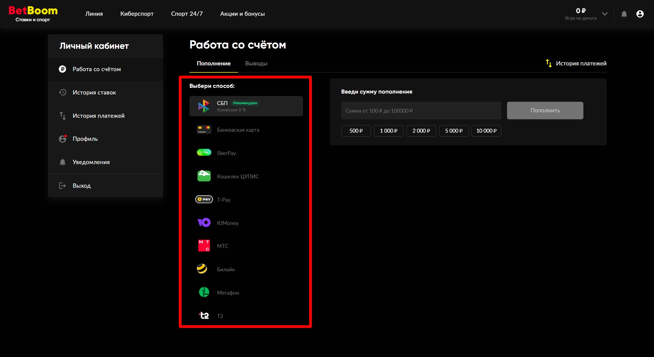 Способы пополнения счета