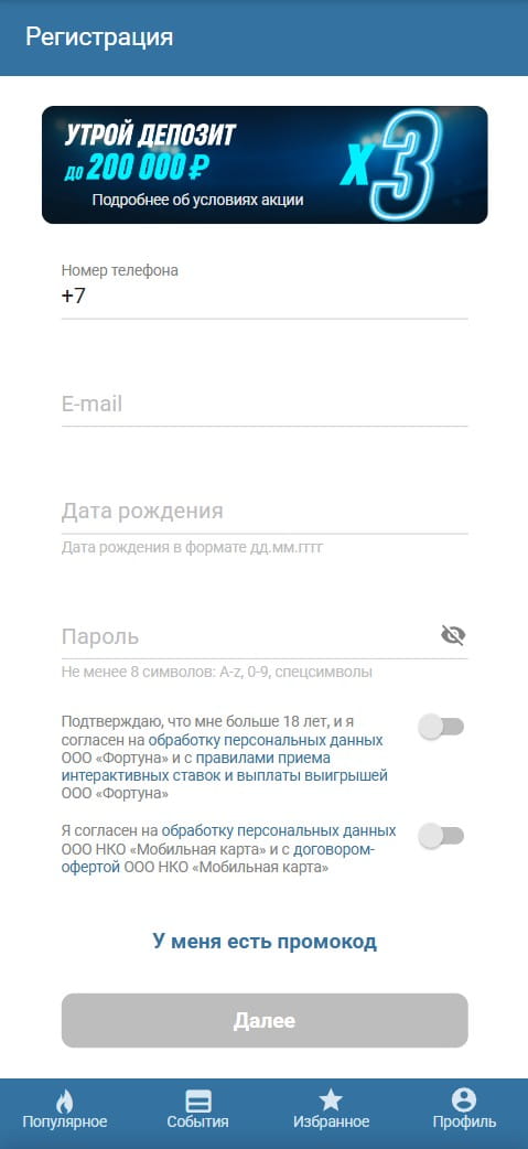 Анкета регистрации в Бетсити с телефона