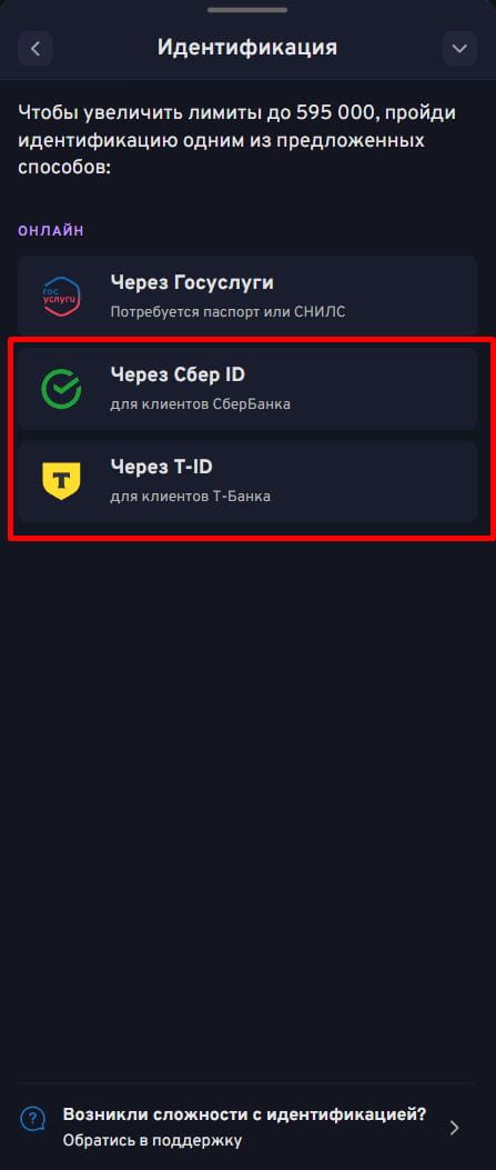 Кнопки идентификации через Т-ID или Сбер ID