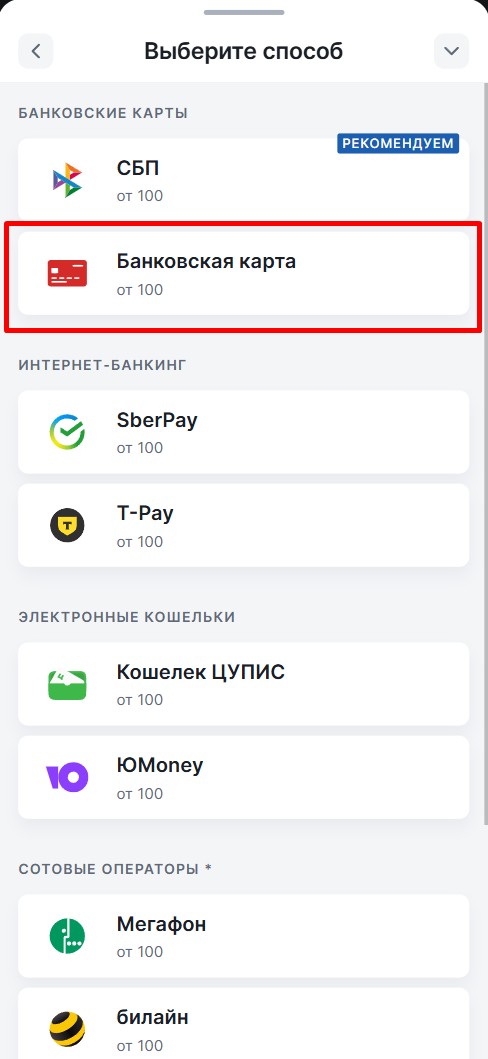 Выбор способа оплаты