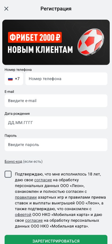 Анкета регистрации в приложении Леон