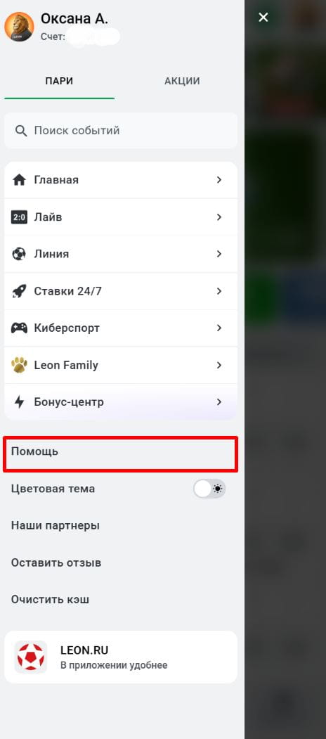 Раздел "Помощь" в БК Леон