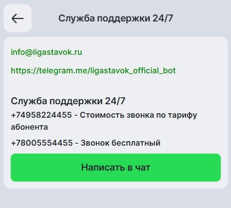 Раздел "Службы поддержки" БК Лига Ставок