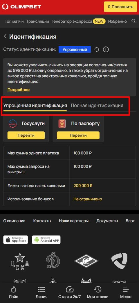 Выбор упрощенной или полной идентификации