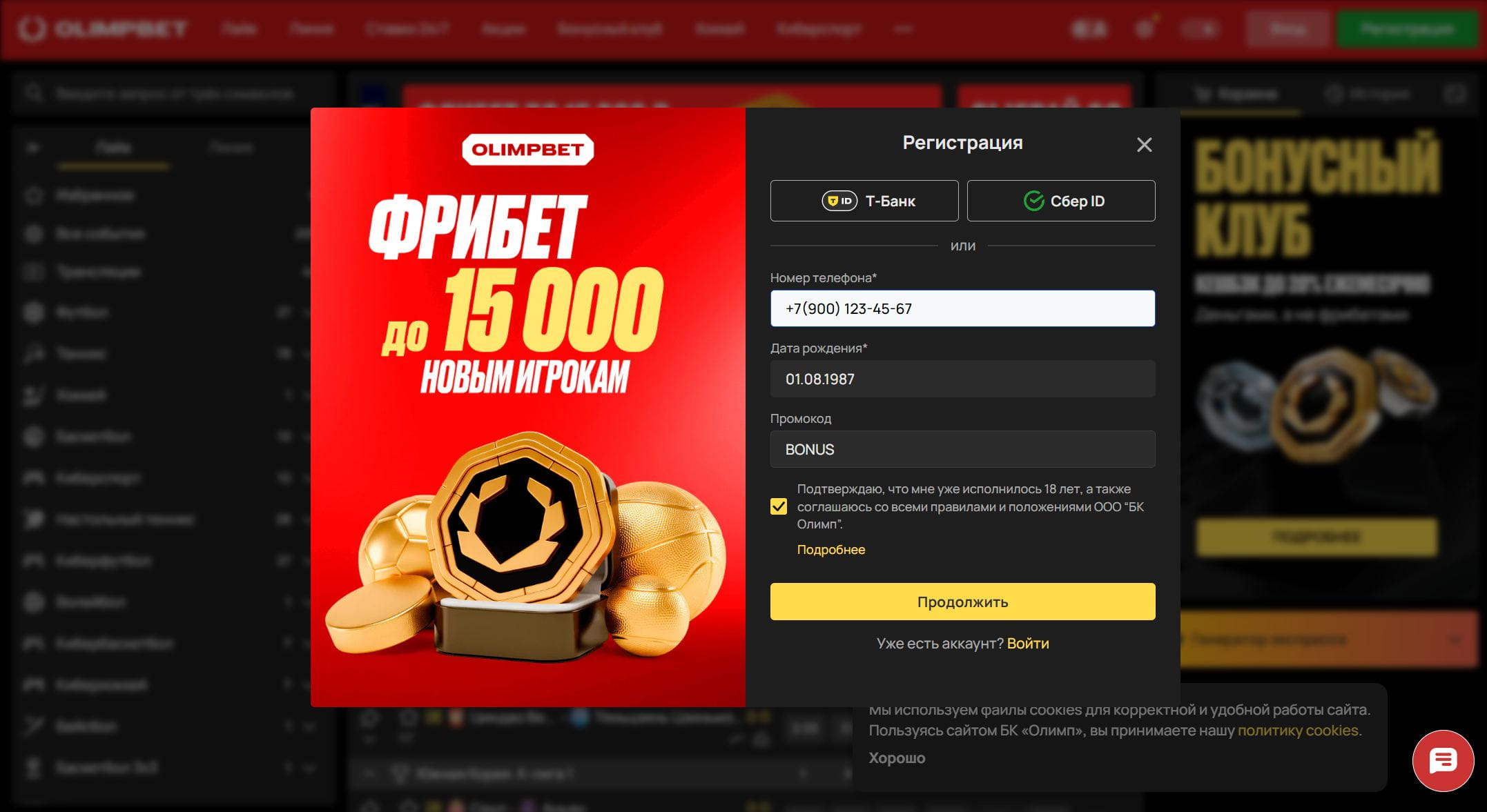 Ввод данный для регистрации в Олимп