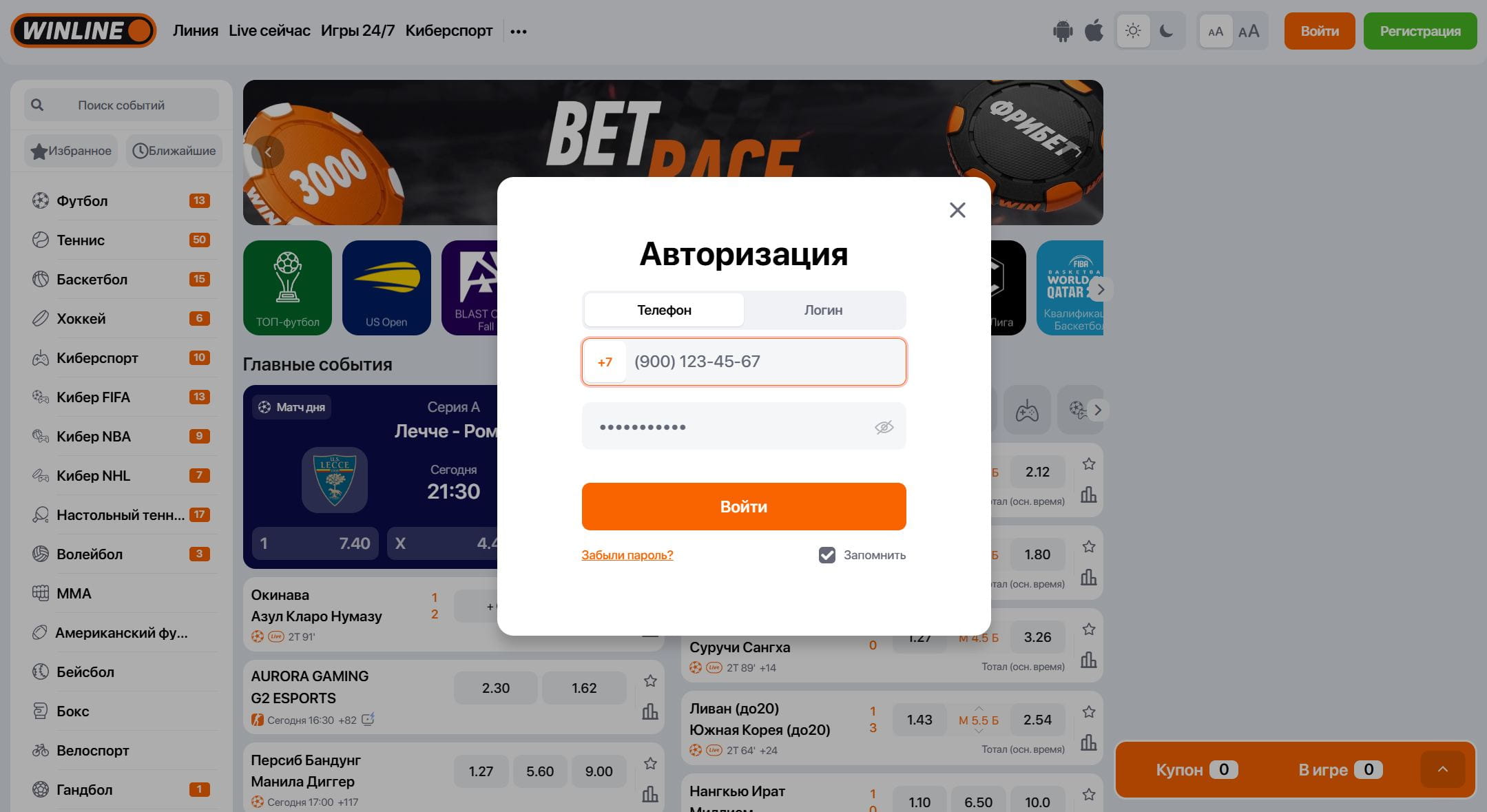Ввод данных для входа в ЛК Винлайн