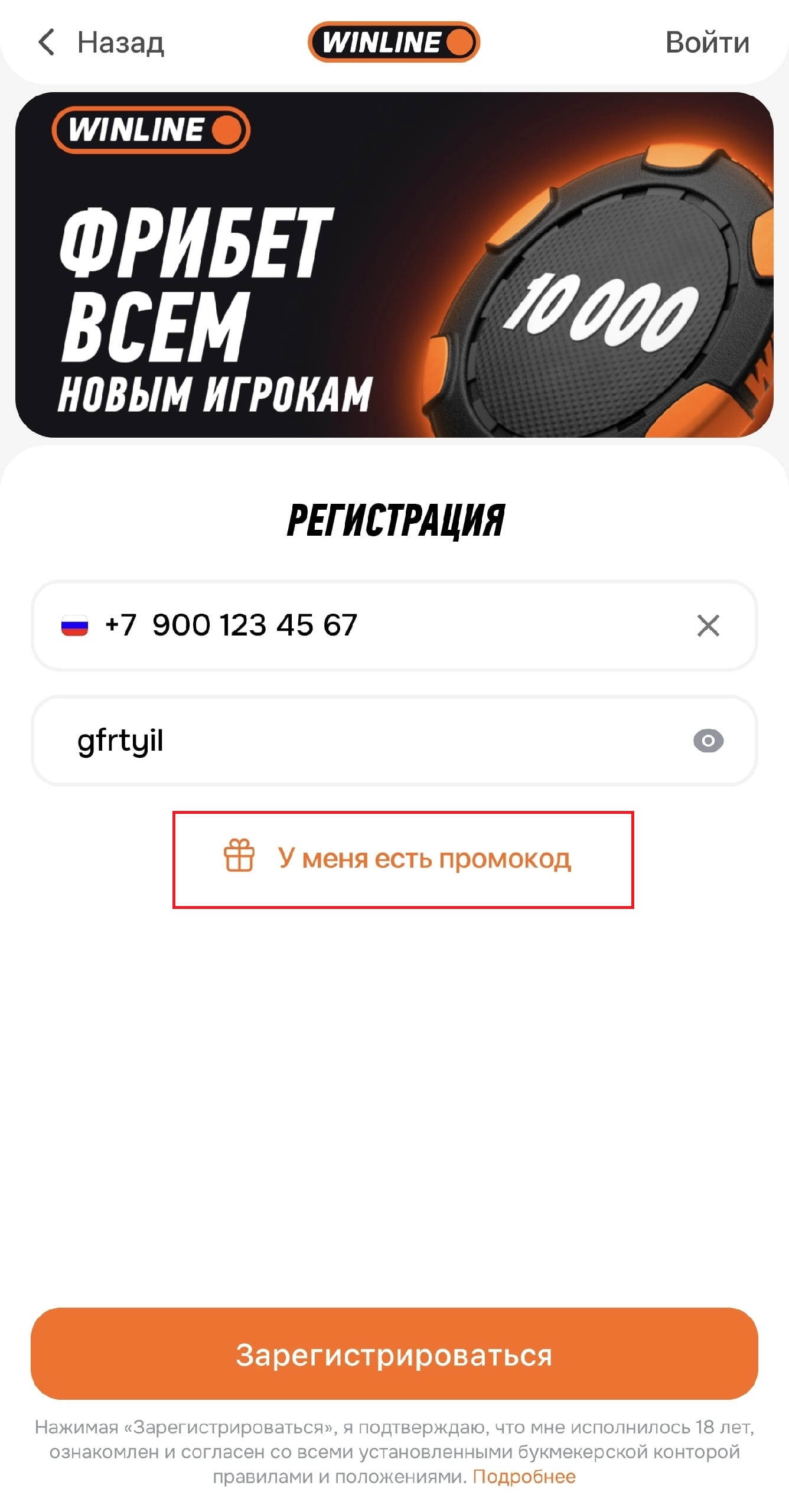 Кнопка ввода промокода