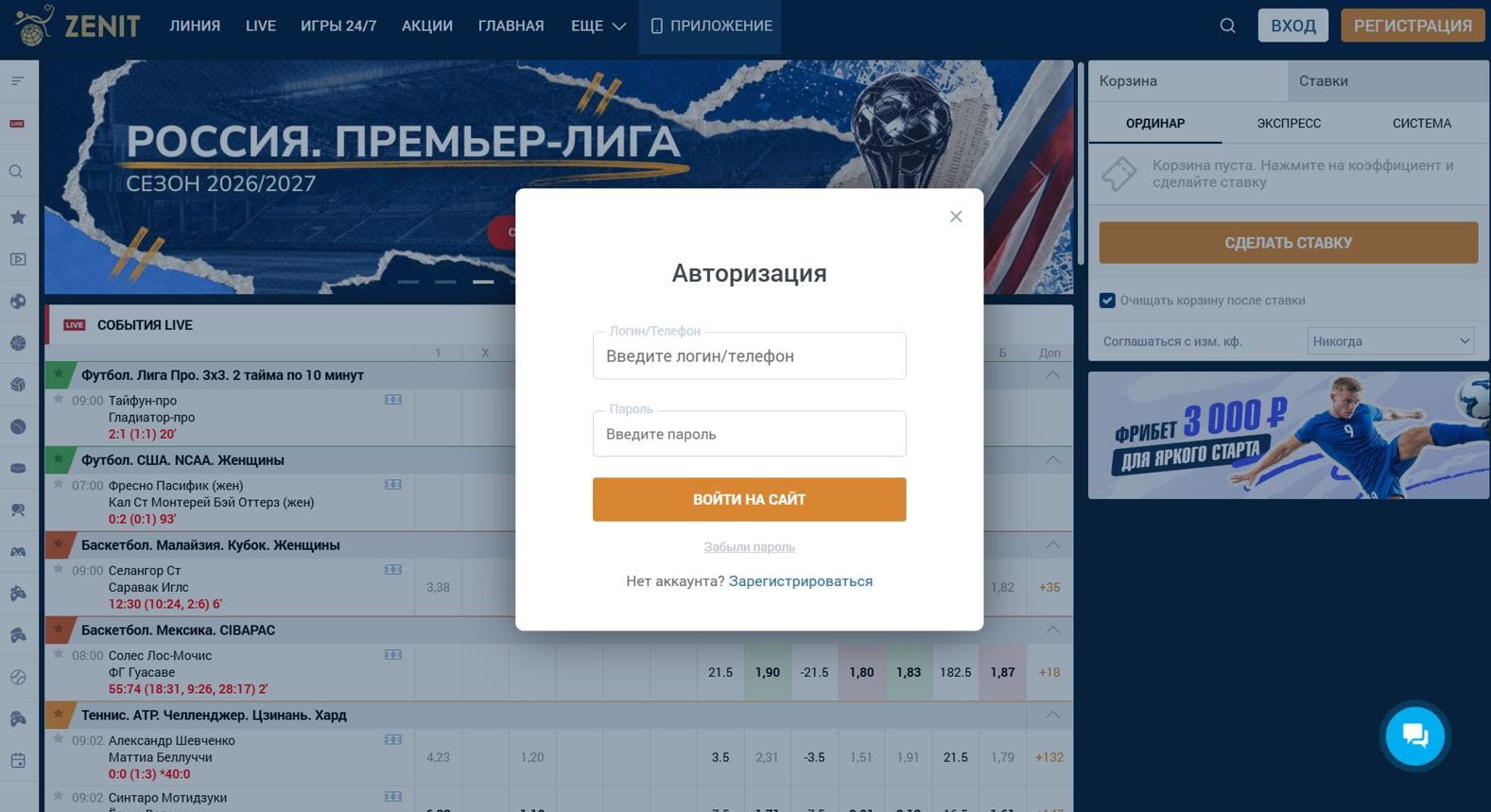 Форма авторизации на официальном сайте Зенита